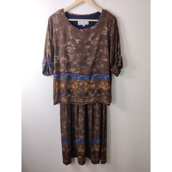 Platinum by Dorothy Schoelem Vintage 80's Brown Safari Layered Midi Dress Size S - Picture 1 of 11